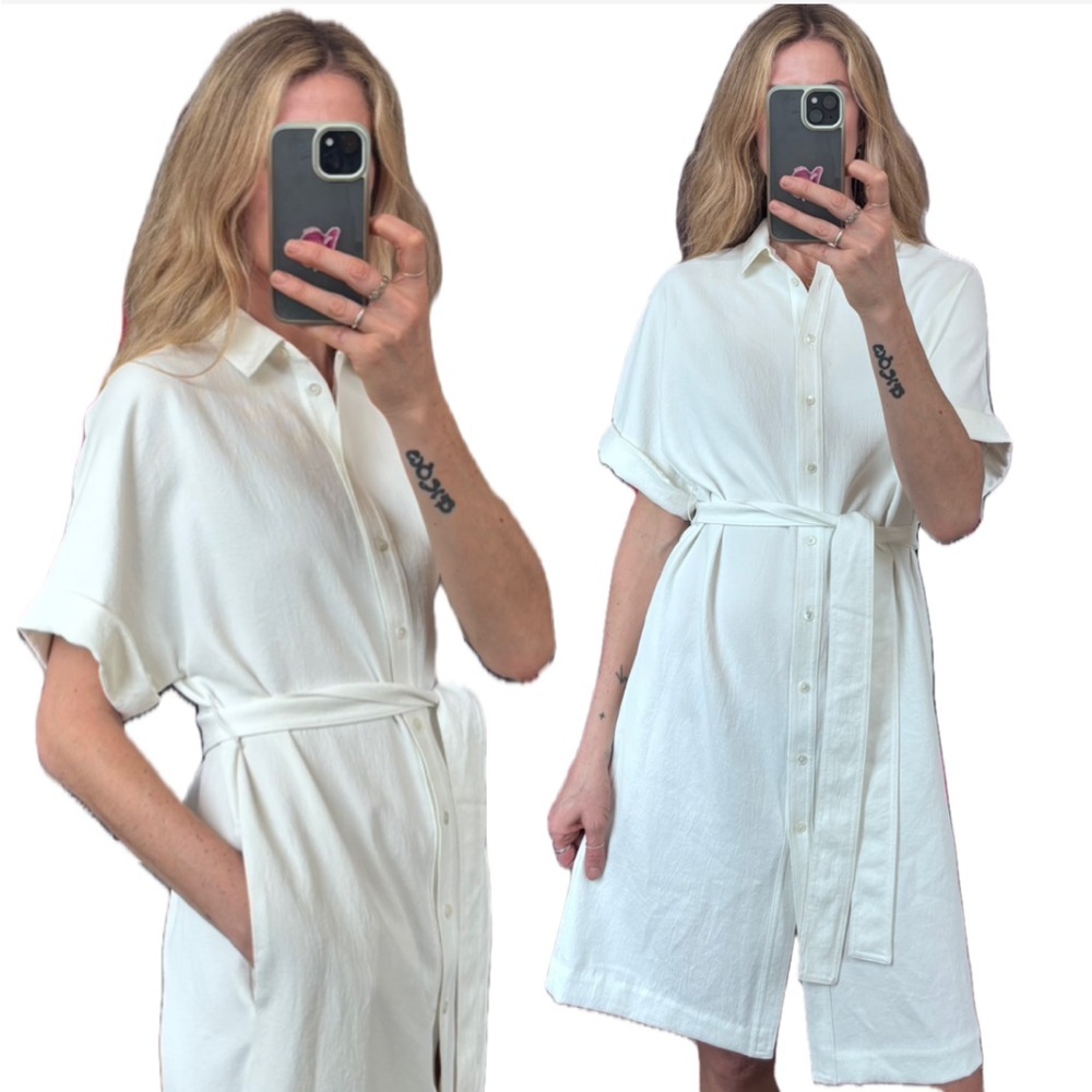 Babaton Aritzia Crepe Textured Panche White Button Belted Short Sleeve Dress